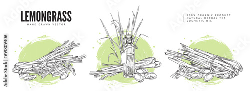 Lemongrass organic product banners set, sketch vector illustration isolated.