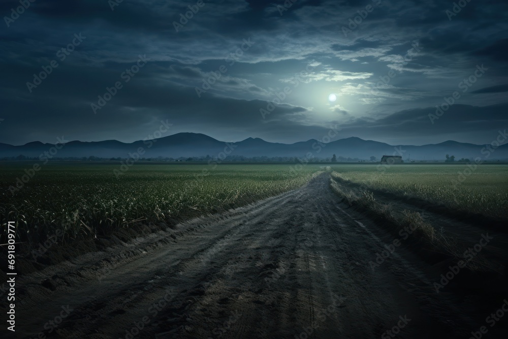  a dirt road in the middle of a field under a dark sky with a full moon in the distance with mountains in the distance.