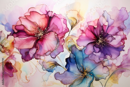  a close up of a painting of flowers on a white background with a blue and pink flower in the middle of the picture.