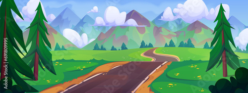 Empty curve asphalt road among green trees and grass, mountains and blue sky with clouds. Cartoon summer vector landscape of highway in forest lead to rocky hills. Countryside scenery with path.