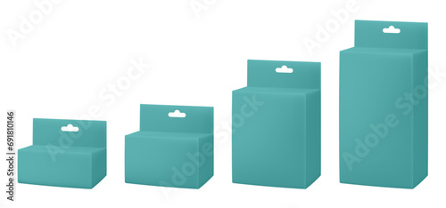 Set of aquamarine green paper packaging boxes with hanging hole. Blank product package mockup	