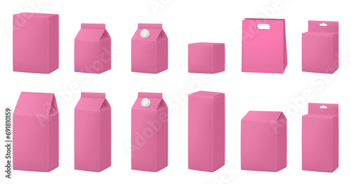 Pink boxes for dairy products. Blank cardboard package boxes mockup. Box set. Set of juice or milk cardboard package. Vector mockup set. Realistic carton package with cap. Hanging hole. Shopping bag