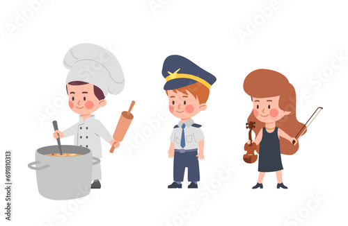 Cute children in professional uniform, cartoon flat vector illustration isolated on white background.