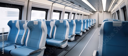 New train with empty modern interior and design, devoid of passengers or people.