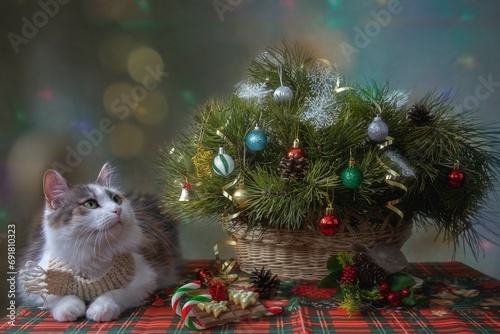 Pretty kitty cat and Christmas tree © Iryna