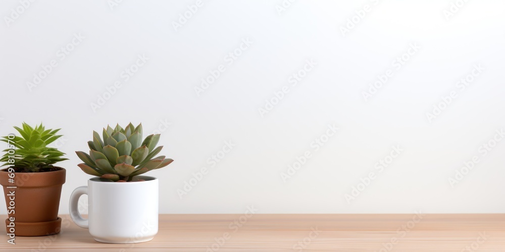 Fototapeta premium Office tools rest on a bright workspace with a succulent in a white pot.