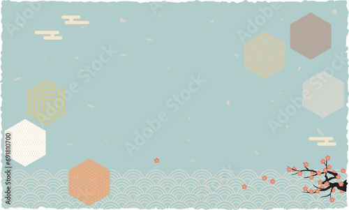 This illustration is a traditional Japanese pattern. It can be used as a background material.Japanese Pattern, tortoise shell, Amime, Plum, Wave Pattern, Cloud photo
