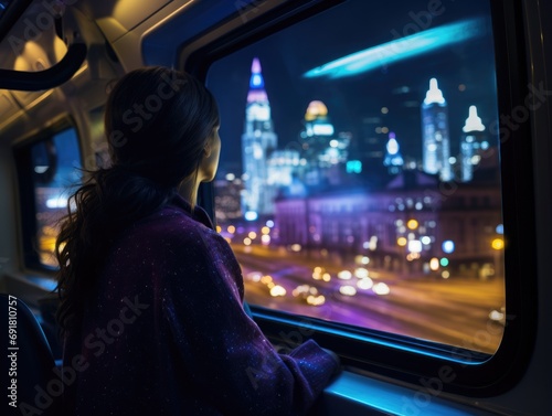 A woman looking out a window at a city at night. Generative AI.