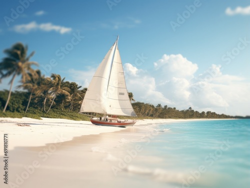 A sailboat on a beach with palm trees in the background. Generative AI.