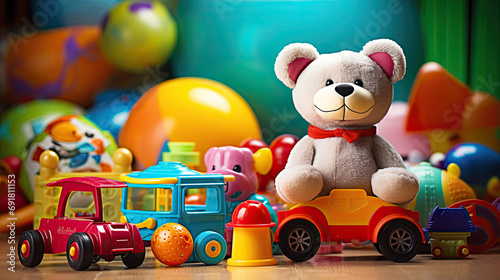 Colorful toys in a kid's room. Plush bear, train, car, truck and ball 