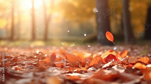 View of autumn maple leaves decorating the road and forest. beautiful natural bokeh background  colorful leaves wide panorama.