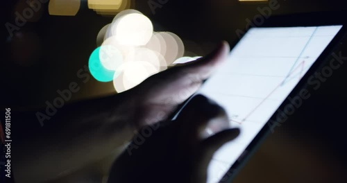 Tablet, mockup and hands with screen in city closeup at night for social media, space or communication. Digital, display and person on a balcony for internet, search or travel, taxi or quote request photo