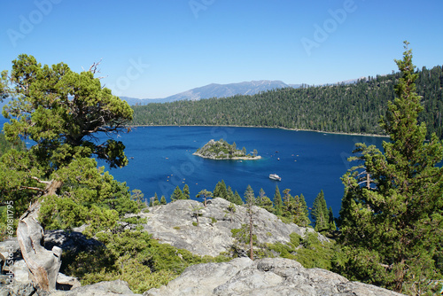 View of Fannette Island at Emerald Bay in Lake Tahoe, California, from the viewpoint at Vikingsholm parking lot on a sunny day