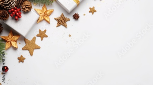 New Year banner with Christmas gift boxes and golden decorations on clear background. comeliness