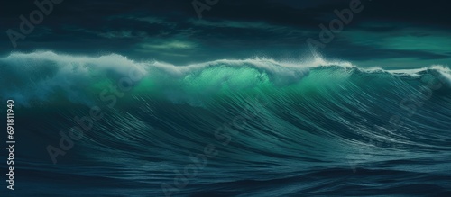 Turquoise green water rolls. High sea waves at night, turquoise green light, blue photo