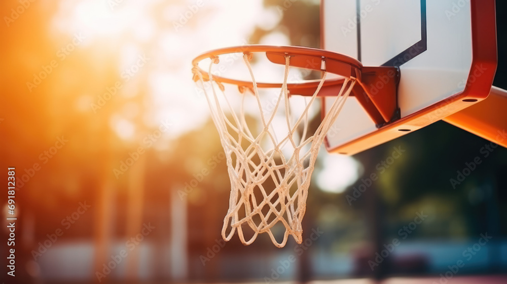 Close-up of a red basketball net on an outdoor court, symbolizing active sports and competition.