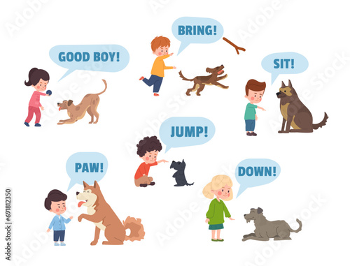Dog training commands infographic set flat cartoon vector illustration isolated.