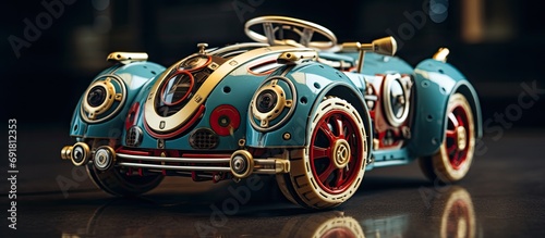 Toy car operated by clockwork mechanism. photo