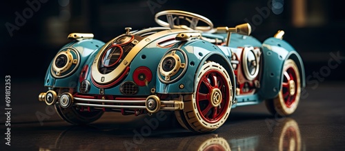 Toy car operated by clockwork mechanism.