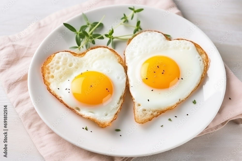 Fried eggs in the shape of a heart on a white plate for Breakfast on Valentine's Day Fried eggs in the shape of a heart on a white plate for Breakfast on Valentine's Day