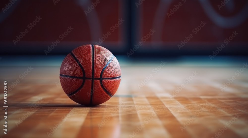 A basketball on a polished wood court, ready for play. A basketball on a polished wood court, ready for play.