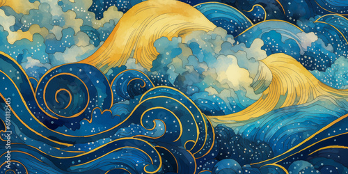 Magical fairytale ocean waves art painting. Unique blue and gold wavy swirls of magic water. Fairytale navy, indigo yellow sea waves. Children’s book waves, kids nursery cartoon illustration by Vita