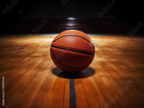 A basketball on a polished wood court, ready for play. © Jan
