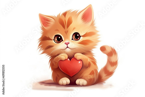 a drawn red fluffy kitten smiles and holds a big heart in its paws on a white background © Ольга Смирнова