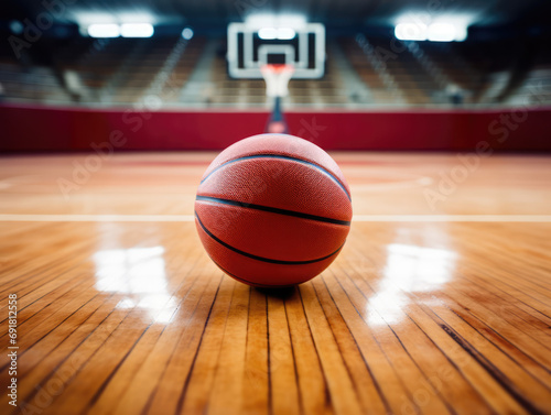A basketball on a polished wood court with the hoop in the background, ready for play.