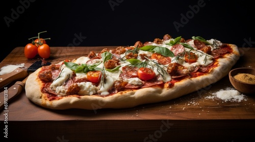 an oval-shaped pizza, its unconventional form and mouthwatering toppings creating an intriguing culinary masterpiece on a blank canvas.