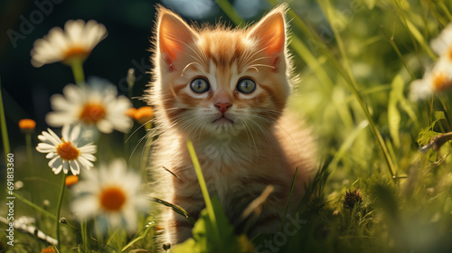 kitten in the grass with flowers and sunlight