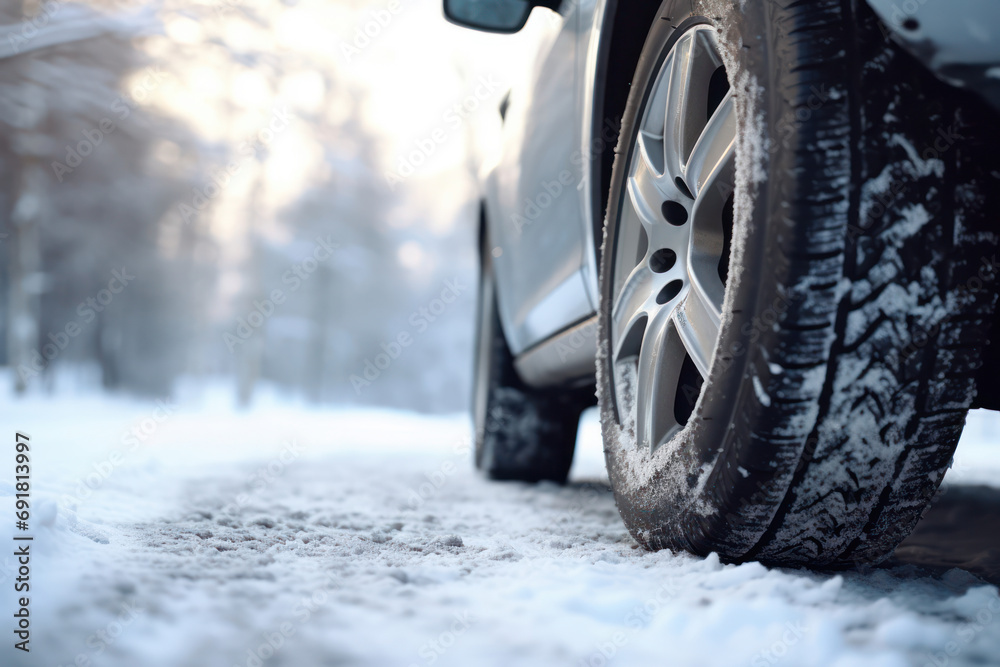 A close-up of a car's winter tire gripping the snowy road surface