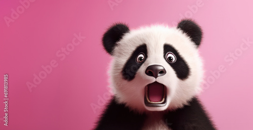 A close-up portrait of a panda with a surprised expression set against a vibrant pink background.