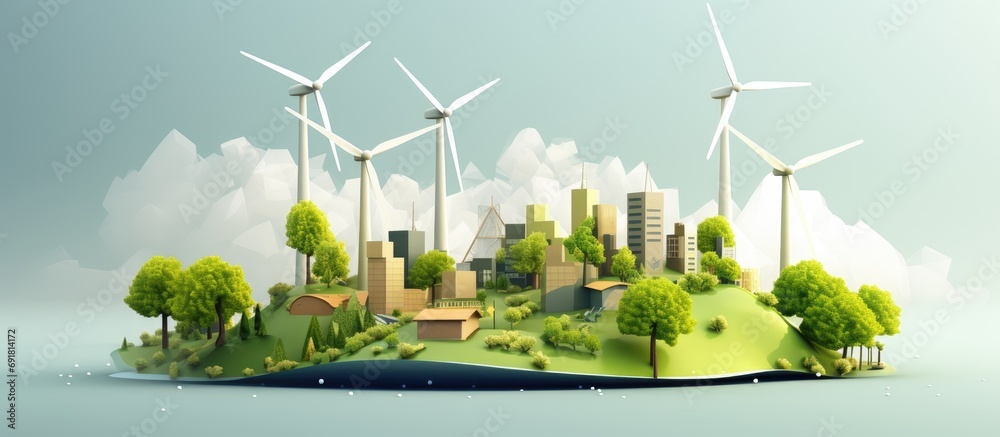 Environmentally friendly power for sustainable surroundings. Factory, machine, and technology industry utilizing wind energy. Decrease Co2 emissions, limit global warming and climate change. - obrazy, fototapety, plakaty 
