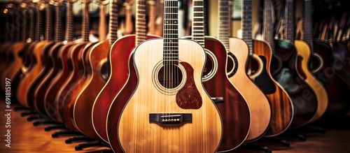 Several vintage acoustic guitars at the music shop.