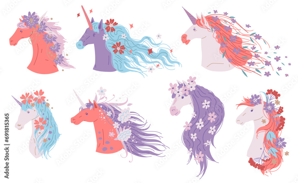 Set of colorful fantastic horses and unicorns flat style, vector illustration