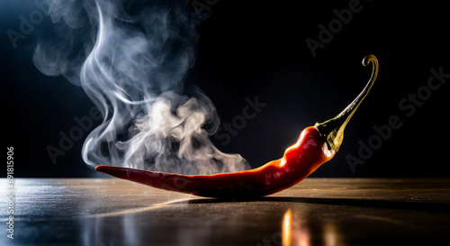 a red hot chili pepper smokes in front of a black background