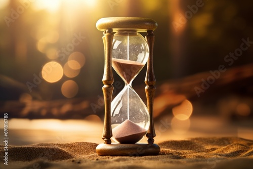 An hourglass illustrating the passage of time as sand trickles through its bulbs in a countdown to a deadline photo