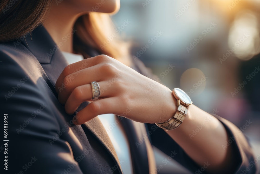 A woman checking the time on her wristwatch A woman checking the time on her wristwatch
