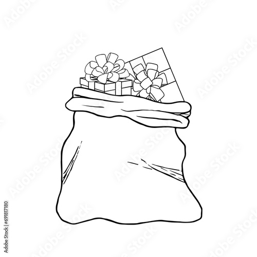Christmas open santa bag with gifts. Outline drawing. Hand drawn vector illustration. Design element. For coloring, cards, printing, packaging, invitations, business cards, advertising. 2024