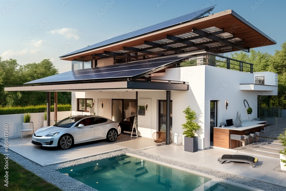 A modern, eco-friendly home with solar panels and an electric car parked beside a pool