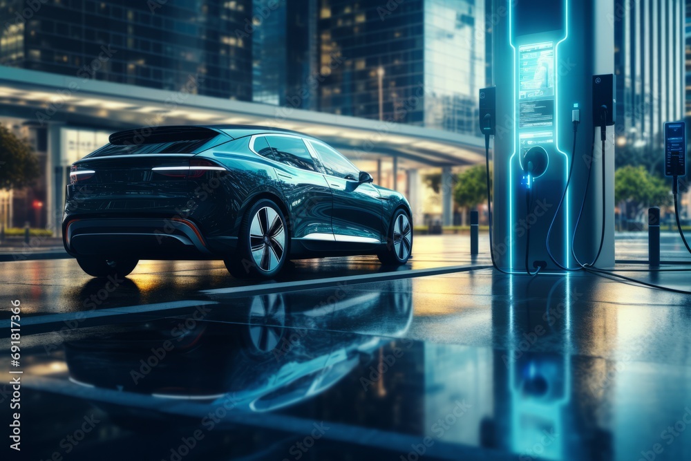 An electric vehicle being charged on a city street with a futuristic graphical user interface, representing the future of EVs An electric vehicle being charged on a city street with a futuristic graphical user interface, representing the future of EVs