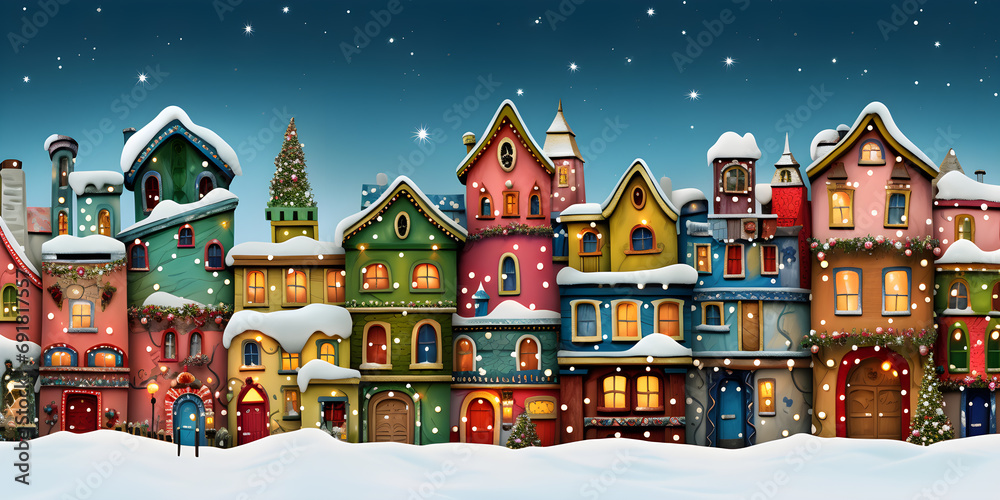 Christmas background with colorful houses covered in snow