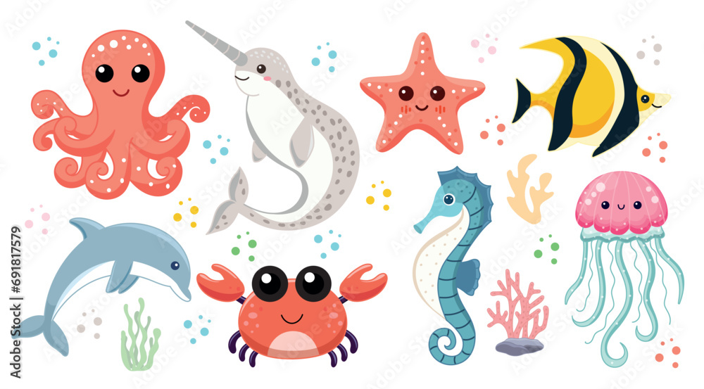 Cute sea animals, set of illustrations with aquatic inhabitants of the ocean, octopus and narwhal, starfish and yellow fish, dolphin and crab, seahorse and jellyfish