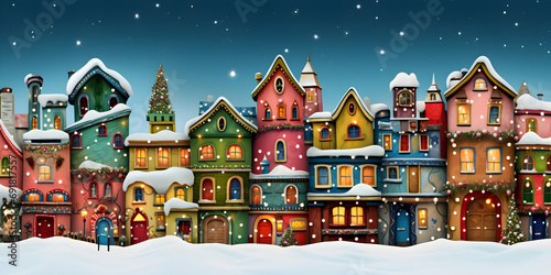 Christmas background with colorful houses covered in snow