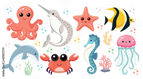 Cute sea animals, set of illustrations with aquatic inhabitants of the ocean, octopus and narwhal, starfish and yellow fish, dolphin and crab, seahorse and jellyfish