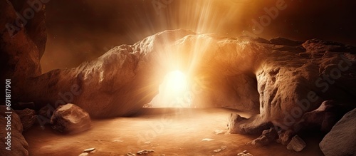 Jesus' empty tomb with light emanating from within.