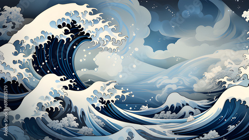 Billede på lærred the great wave off kanagawa, in the style of detailed background elements, dark