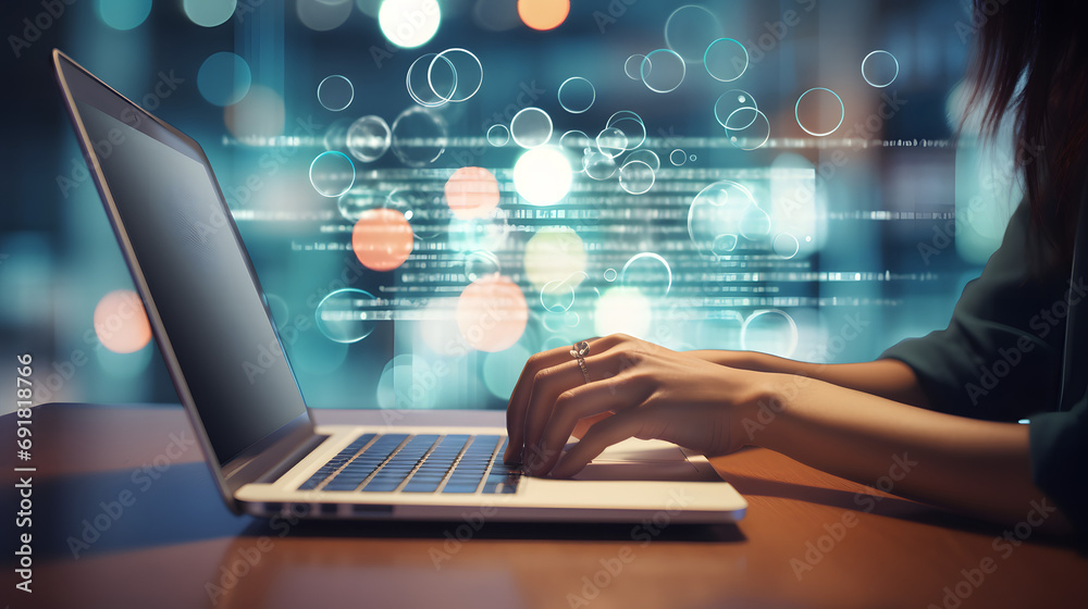 Data Search Technology SEO Search Engine Optimization concept. Woman's hands typing on laptop computer keyboard surfing the internet to search for information on web browser. Generative Ai.