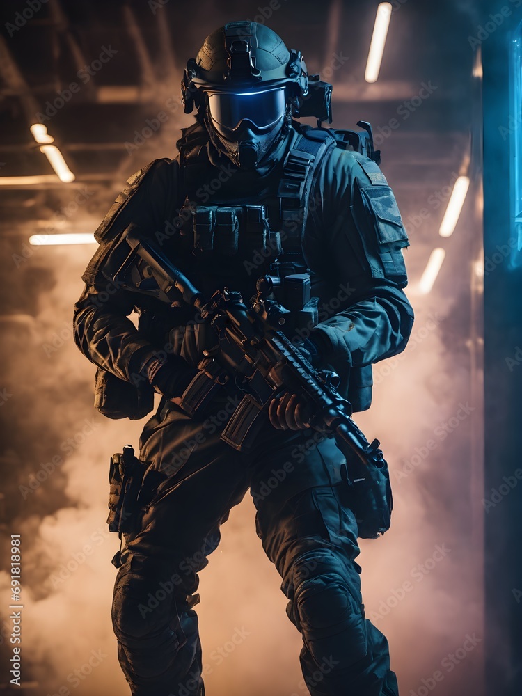 soldier standing in fog and fire war scene duty, dark photography , solider portrait .neon lights soldier standing in fog and fire war scene duty, dark photography , solider portrait .neon lights